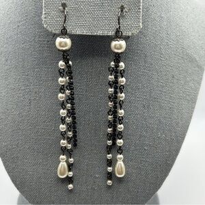 Long Faux Pearl Dangle Earrings with Black Dangle Chain and Silver Tone Hook